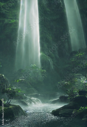 A lush jungle with a vibrant waterfall. Mist and dew drops. Fantasy forest. Garden of Eden.