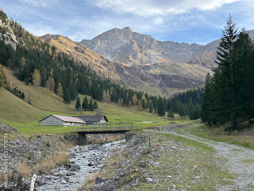 Long View of Kirchlespitz Alp in Liechtenstein with Alpine Lodge photo