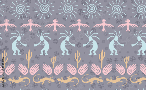 Kokopelli with flute, pangolin, hawk, sun symbol, hands and plant tribal vector seamless pattern.