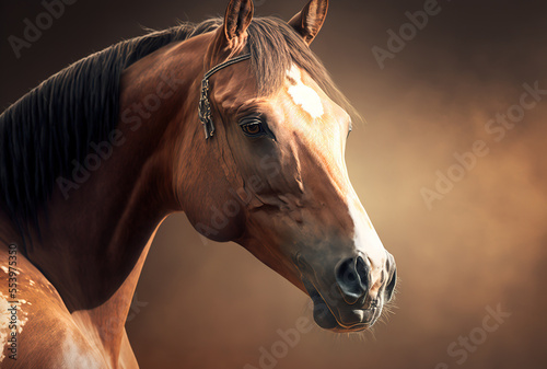 Close up of a lovely brown horse against a hazy background. Generative AI