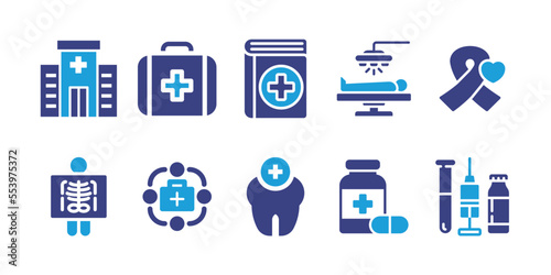 Medical and healthcare icon set. Bold icon. Duotone color. Vector illustration. Containing hospital facility, first aid kit, medical, surgery, x ray test, medical service, tooth, medicines.