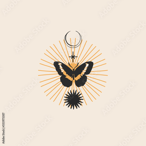 Hand drawn vector abstract graphic illustrations celestial design concept with logo magic line silhouette art of mystic flying butterfly,moth,sun and moon phase isolated. Magic drawing butterfly icon.