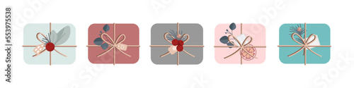 Christmas gifts in set. DIY present boxes with tag, twine bows and branches, Xmas wreaths, envelopes, card. Colored flat vector illustrations isolated on white background. Top view.