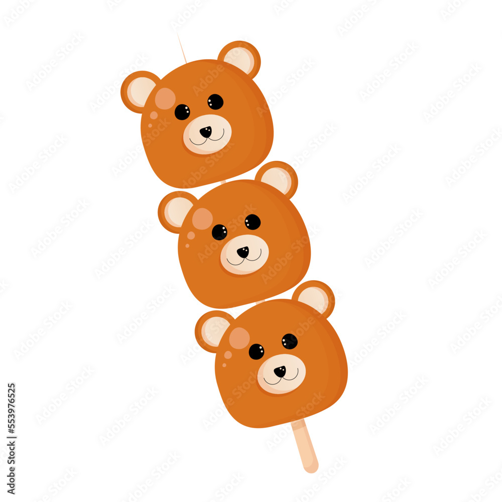 Japanese sweet tasty street food dessert , dango in a cute bear form isolated on the white background. Vector illustration Japanese sweet tasty street food dessert , dango in a cute bear form isolated on the white background. Vector illustration