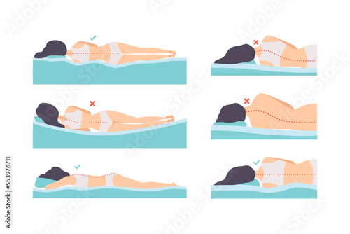 Man and Woman Lying in Correct and Incorrect Sleeping Pose for Neck and Spine Vector Set