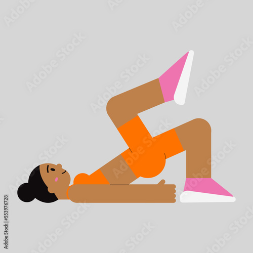 Woman in gym doing single leg hip thrust exercise. Flat female character at glute routine workout in neon sportwear suit with dumbbell. Minimal vector illustration for healthy graphic design.