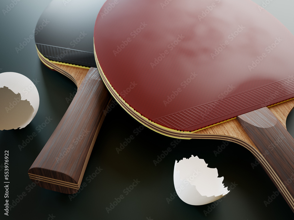 What if we replaced table tennis balls with eggs? Humorous concept of using the wrong things. 3D illustration.