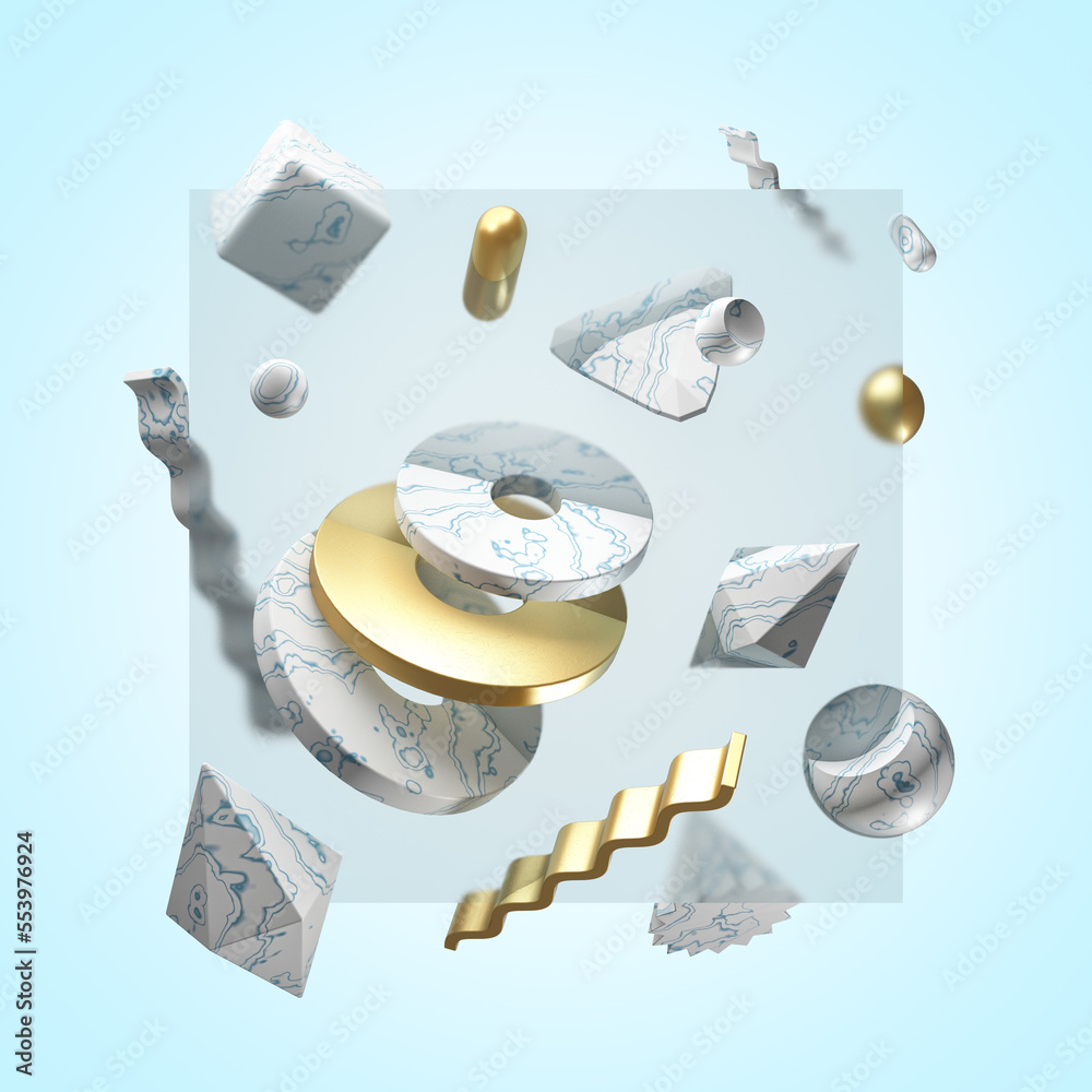 Abstract levitating geometric patterned and golden primitive shapes on blue background. 3D illustration.