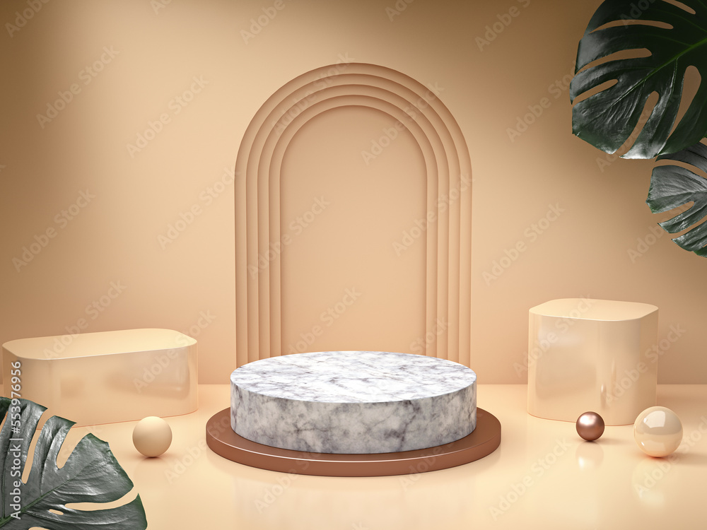 Mockup with podium, arc and geometry shapes for product display. 3D illustration