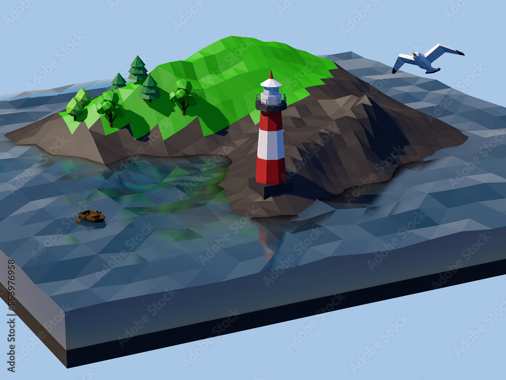 Stylized cartoon low-poly 3d illustration of a seascape with a lighthouse.