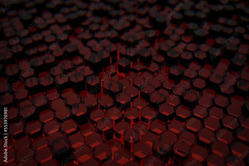 Abstract background with red glowing glass hexagonal shapes. 3D illustration.