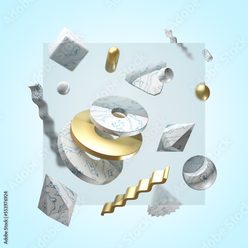 Obraz na płótnie Abstract levitating geometric patterned and golden primitive shapes on blue background. 3D illustration. w salonie