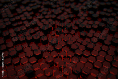 Obraz na płótnie Abstract background with red glowing glass hexagonal shapes. 3D illustration. w salonie