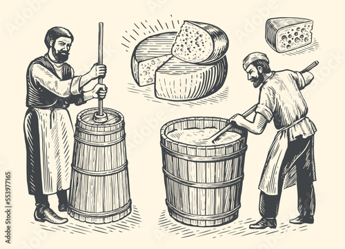 Butter and cheese production concept. Farm worker making organic dairy food, sketch set. Vintage vector illustration.jpg