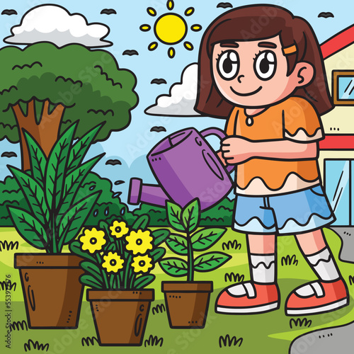 Earth Day Girl Watering Plants Colored Cartoon 