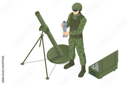 Isometric Special Forces Soldier Police, Swat Team Member. Isometric Soldier with mortar crew. Mortar military weapon. Mortar gun. Special force crew. Army, military concept.