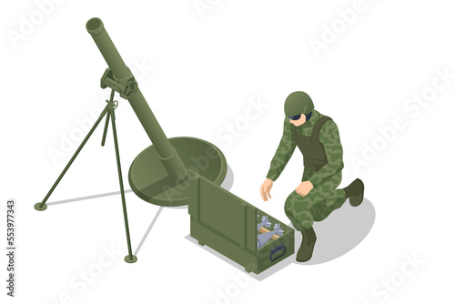 Isometric Special Forces Soldier Police, Swat Team Member. Isometric Soldier with mortar crew. Mortar military weapon. Mortar gun. Special force crew. Army, military concept.