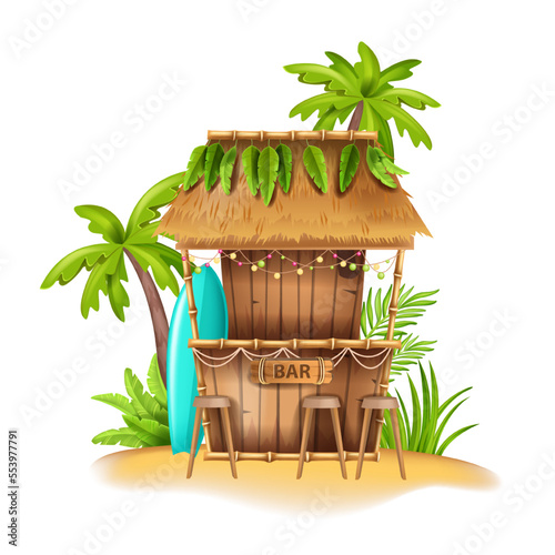 Beach bar tropical tiki restaurant, vector summer Hawaii terrace hut, palm tree, seashore sand chair. Cartoon cocktail party concept, paradise vacation tropics island. Aloha beach bar resort clipart