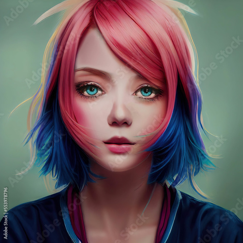 Beautiful anime girl with blue eyes and rainbow colored hair ,not a real person, made with Generative AI