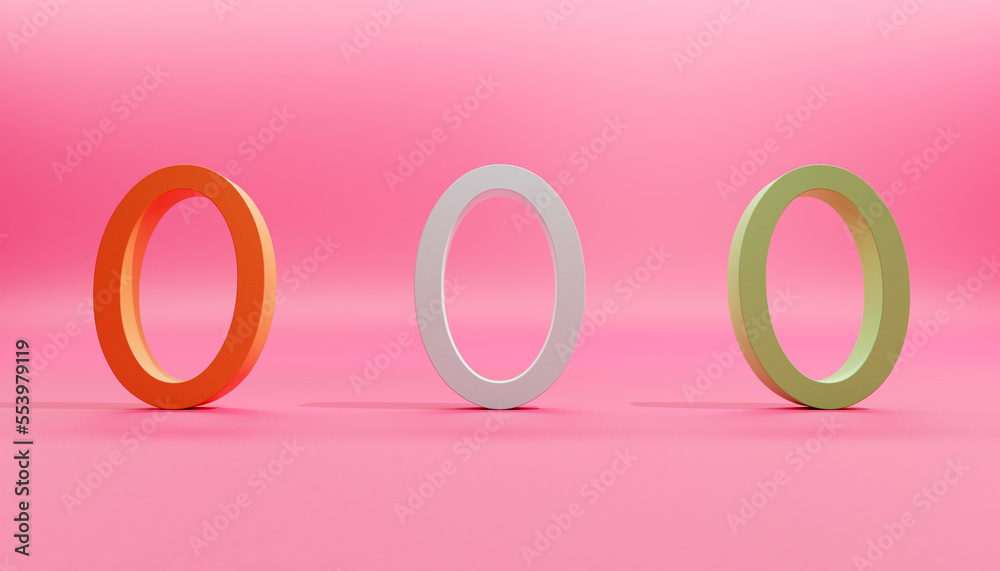 Pink studio background with three dimensional number 0 in three colors. Pink studio background with three dimensional number 0 in three colors.