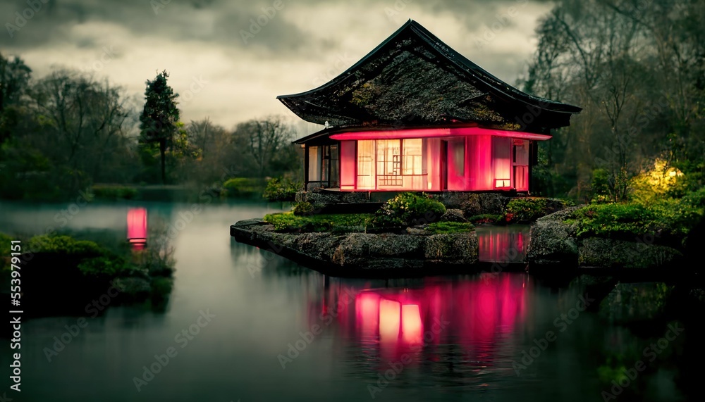 Japanese garden with cherry blossom, sakura, houses reflecting in the lake ,made with Generative AI Japanese garden with cherry blossom, sakura, houses reflecting in the lake ,made with Generative AI