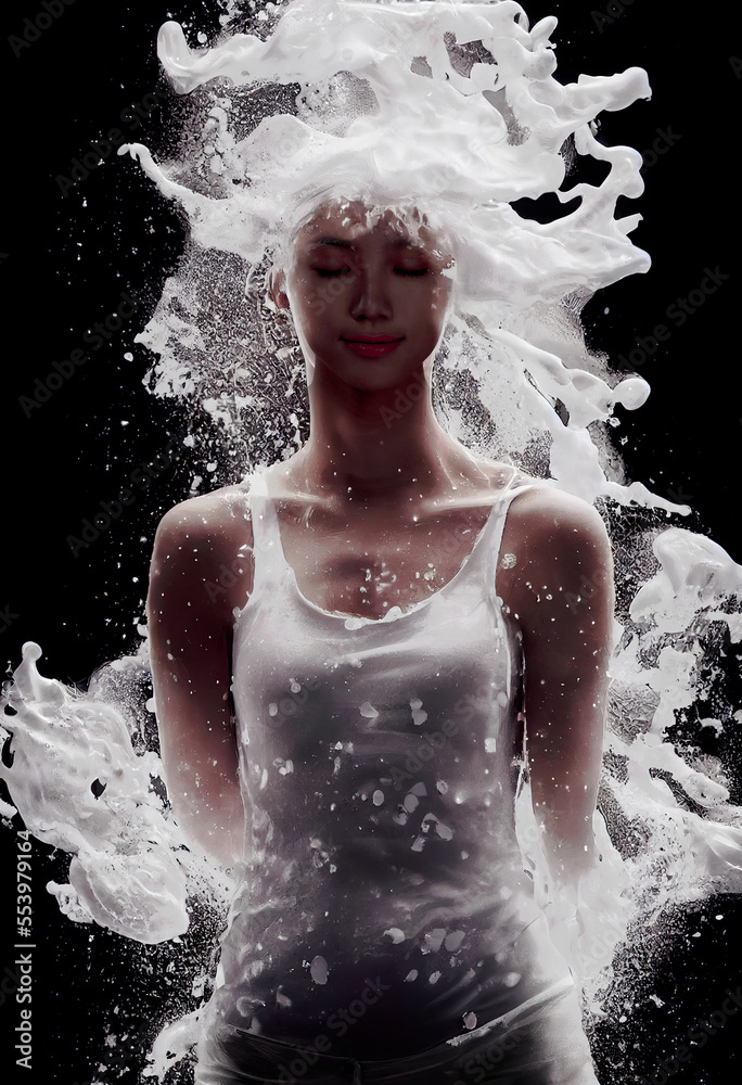 Obraz premium Abstract fashion woman portrait with liquid splashes ,not a real person, made with Generative AI