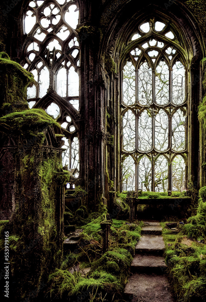 Obraz premium Post-apocalyptic city, dystopic overgrown buildings ,made with Generative AI