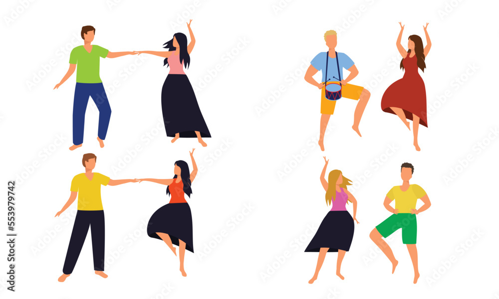 A set of a couple of people are dancing. Man and woman dance in a pair. Vector illustration.
