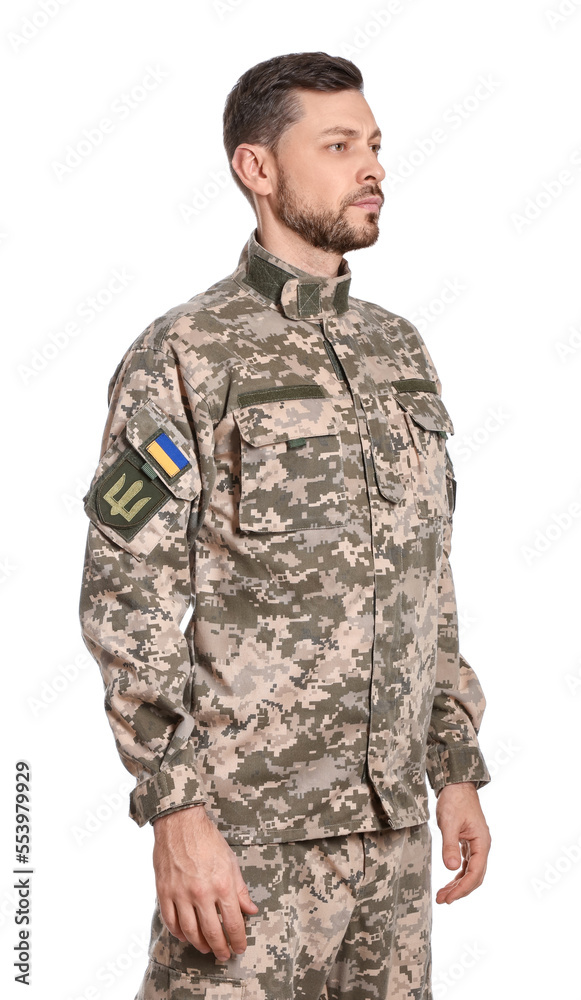 Ukrainian soldier in military uniform on white background