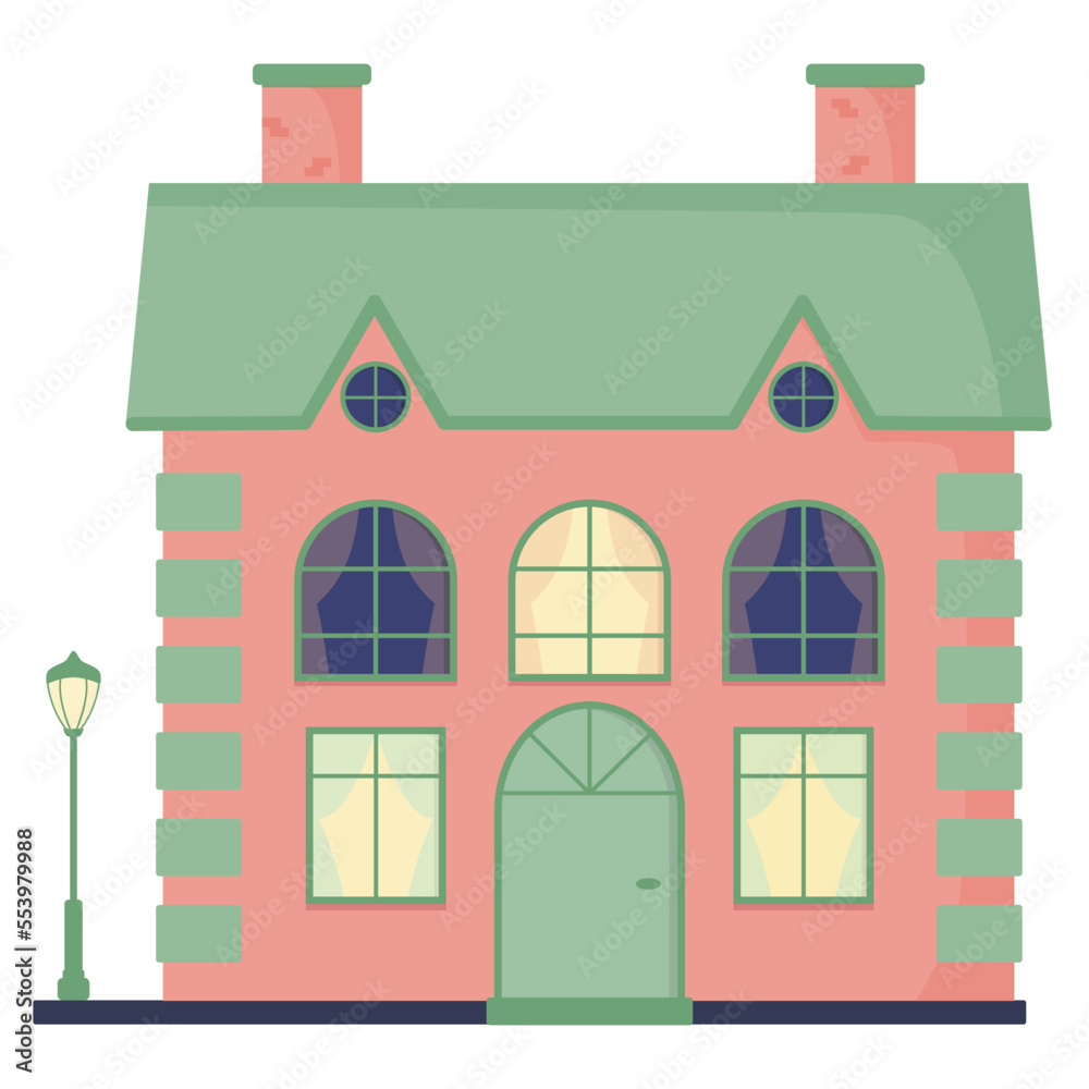 Urban and rural houses with windows, tiles, chimneys. Street lamp. Color flat vector illustration, isolated.