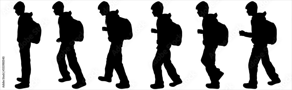 A teenage boy with a backpack on his back walks. Children go to school. Teenage students. A set of characters for walking motion animation. Side view, profile. Black silhouette isolated on white