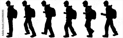 A teenage boy with a backpack on his back walks. Children go to school. Teenage students. A set of characters for walking motion animation. Side view, profile. Black silhouette isolated on white