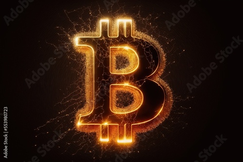 Golden bitcoin logo, futuristic digital money, technology worldwide network concept. bitcoin logo made of small lights by generative ai illustration