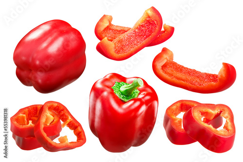 Tela Red Bell Pepper (Capsicum annuum fruit), whole pods and slices, California Wonde