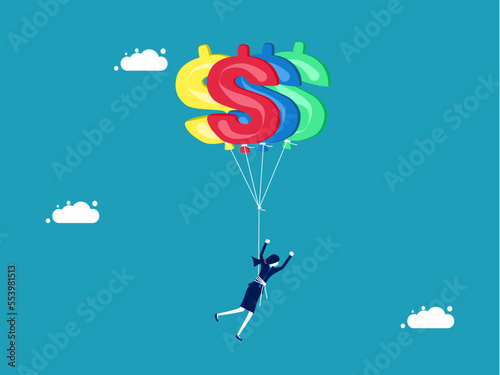 Financial freedom. Businesswoman floating with dollar balloons vector