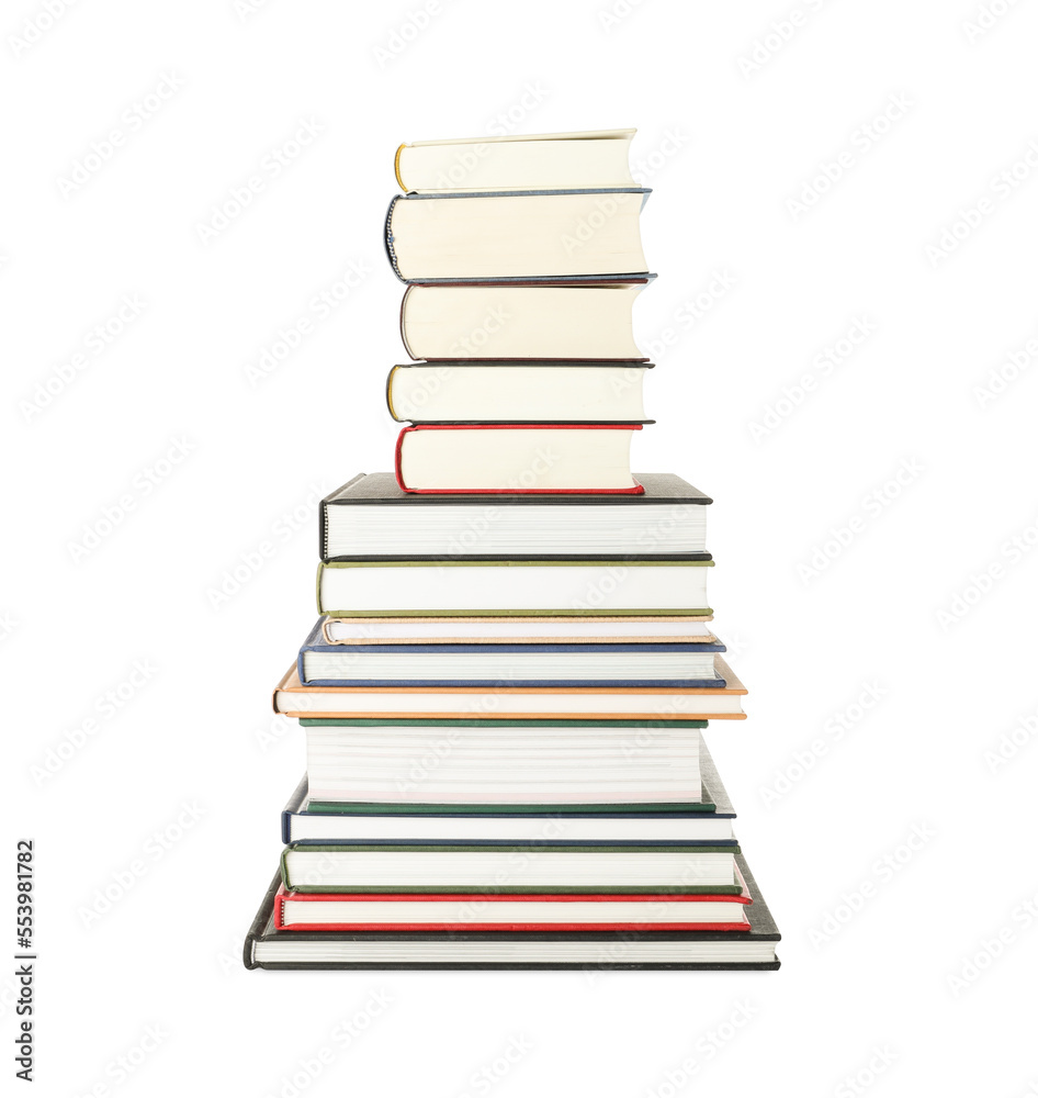 Stack of hardcover books on white background