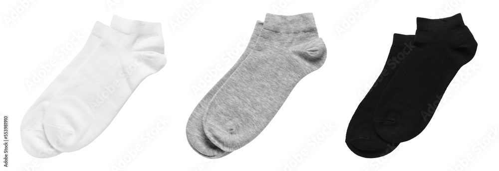 Set with different socks on white background. Banner design Set with different socks on white background. Banner design