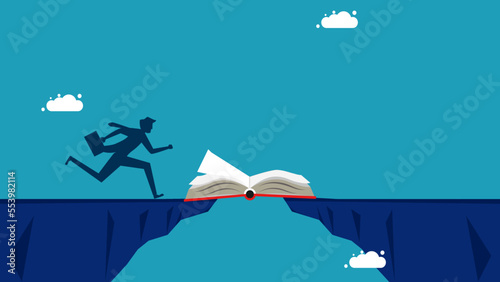 Knowledge creates opportunities. business people running on book through the gap vector