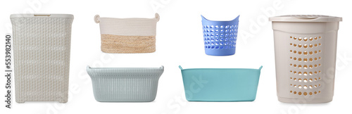 Different laundry baskets on white background. Banner design