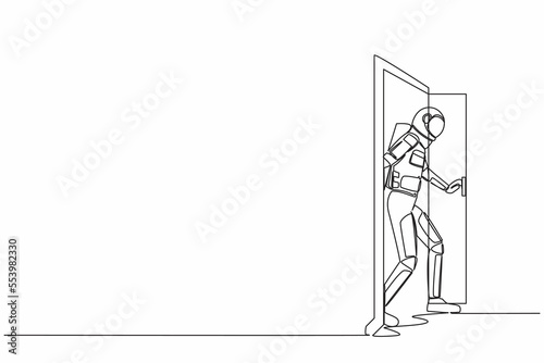 Continuous one line drawing astronaut walking through an open door frame in moon surface. New space interstellar expedition. Cosmonaut outer space. Single line draw graphic design vector illustration