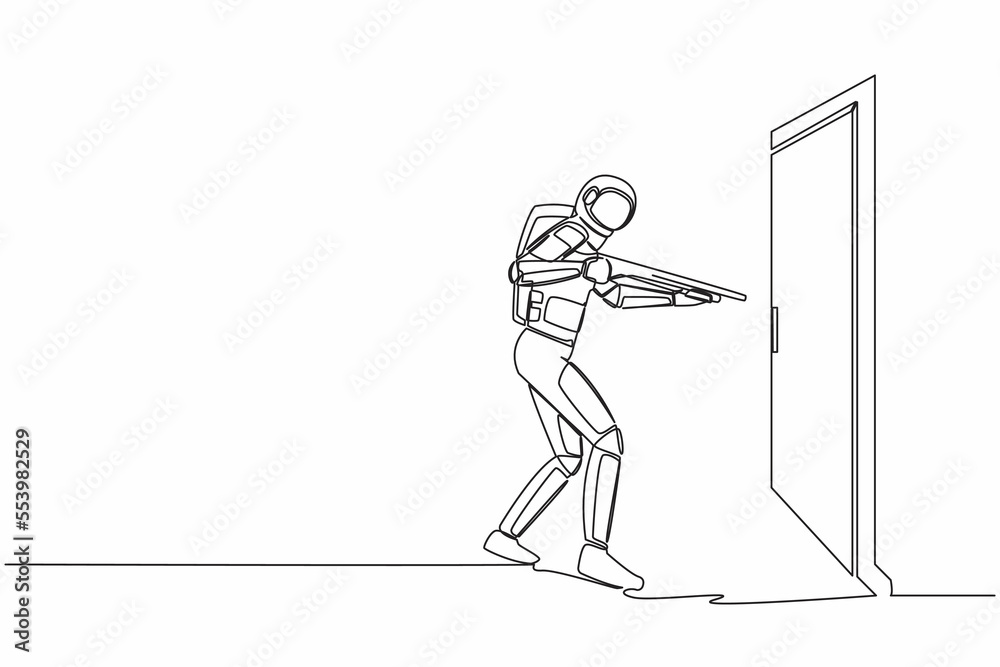 Single one line drawing of young astronaut pointing shotgun at doorknob. Space business breakthrough struggle. Power to succeed. Cosmic galaxy space. Continuous line graphic design vector illustration