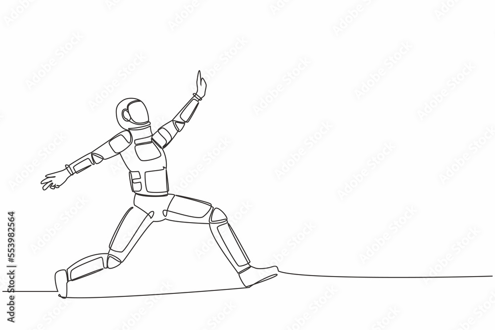 Single continuous line drawing happy astronaut jumping with spread both leg and raise one hand. Celebrating successful spaceship mission. Cosmonaut deep space. One line draw design vector illustration Single continuous line drawing happy astronaut jumping with spread both leg and raise one hand. Celebrating successful spaceship mission. Cosmonaut deep space. One line draw design vector illustration