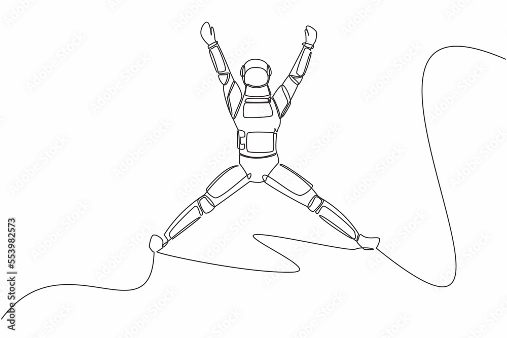 Continuous one line drawing happy astronaut jumping with raised his arms and legs. Successful in spaceship business project. Cosmonaut outer space. Single line draw graphic design vector illustration Continuous one line drawing happy astronaut jumping with raised his arms and legs. Successful in spaceship business project. Cosmonaut outer space. Single line draw graphic design vector illustration
