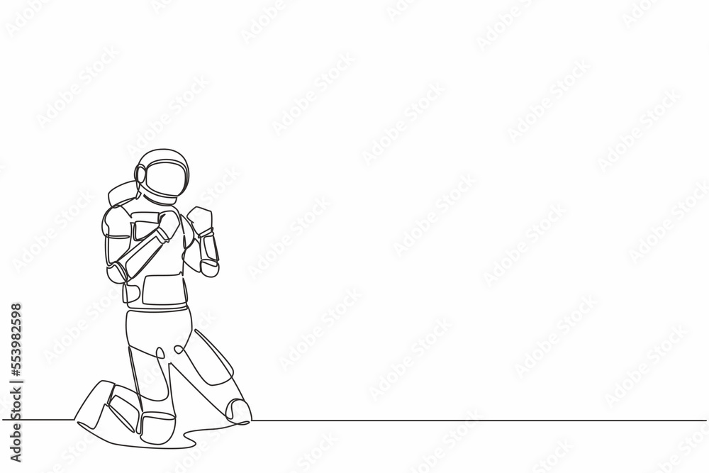Single continuous line drawing happy astronaut kneeling with both hands yes gesture. Success spacecraft exploration goal target. Cosmonaut deep space. One line draw graphic design vector illustration