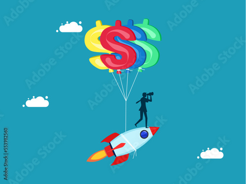 Money driven organization. Rocket floats with money balloons. vector illustration