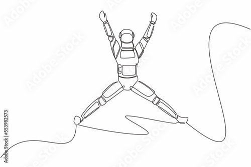 Continuous one line drawing happy astronaut jumping with raised his arms and legs. Successful in spaceship business project. Cosmonaut outer space. Single line draw graphic design vector illustration