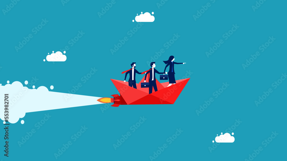 Female leader leads business team flying in paper boat. Teamwork in the workplace. direction of business organization vector
