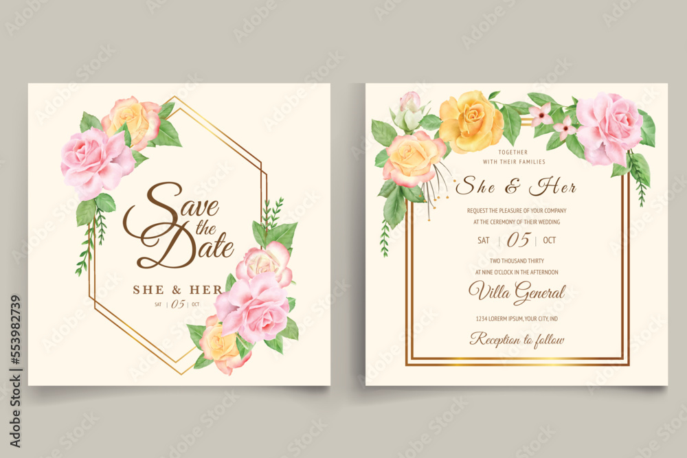 Rose watercolor wedding invitation template