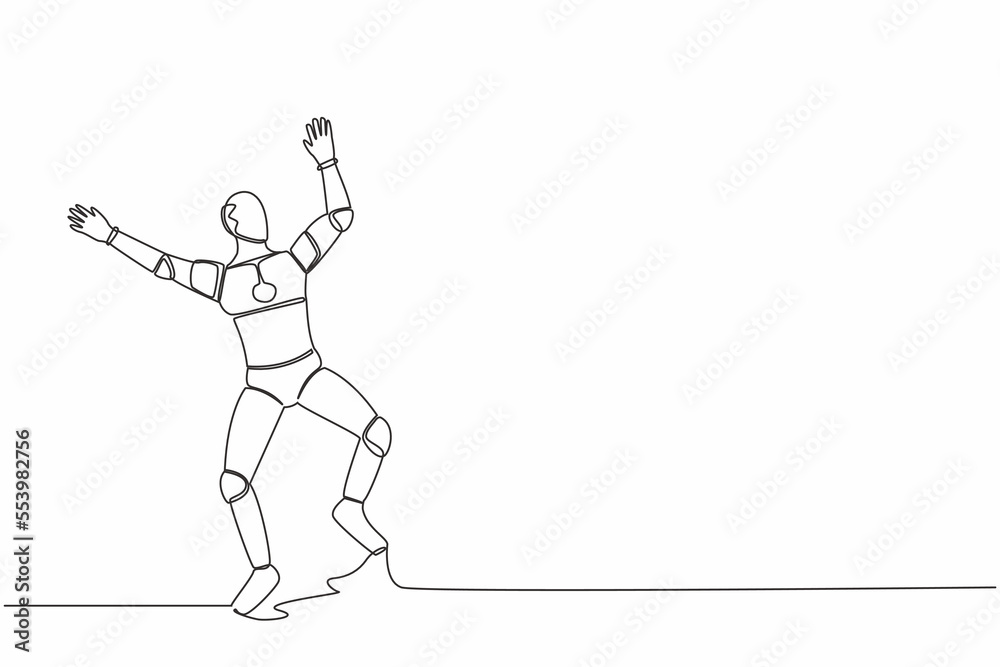 Continuous one line drawing happy robot jump with both hands raised. Successful in tech business project. Humanoid cybernetic organism. Future robotic. Single line graphic design vector illustration Continuous one line drawing happy robot jump with both hands raised. Successful in tech business project. Humanoid cybernetic organism. Future robotic. Single line graphic design vector illustration