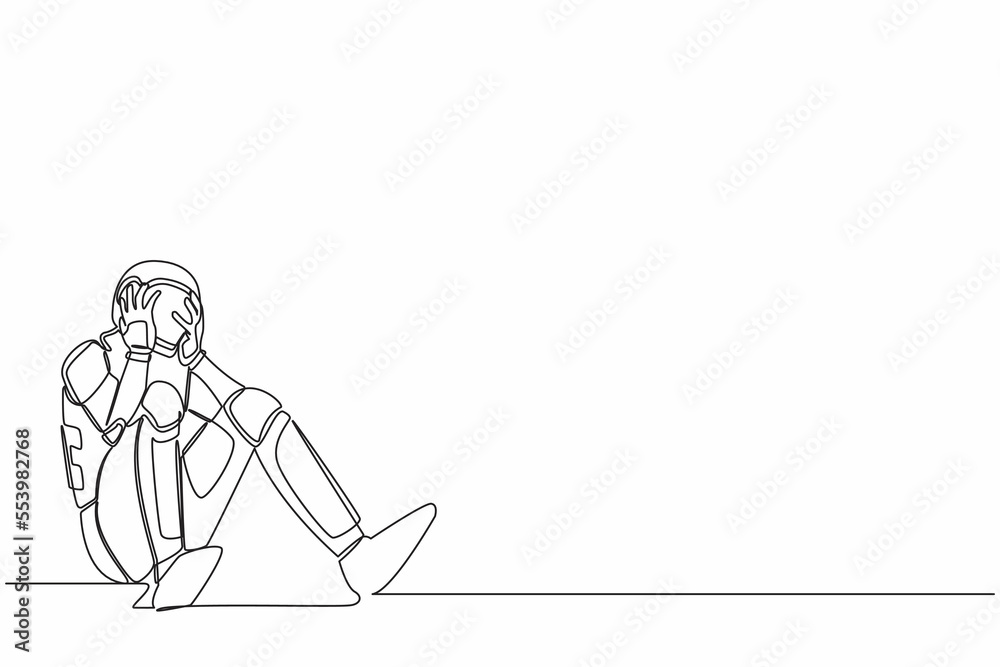 Single continuous line drawing of astronaut sitting on the floor with holding his head. Feeling sad due to spacewalk project failure. Cosmonaut deep space. One line graphic design vector illustration Single continuous line drawing of astronaut sitting on the floor with holding his head. Feeling sad due to spacewalk project failure. Cosmonaut deep space. One line graphic design vector illustration